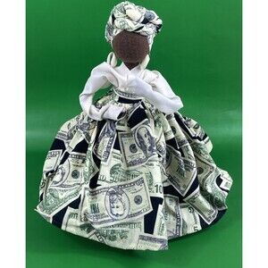 Authentic Charleston Gullah Doll Handmade Folk Art Shell Earrings Money Dress